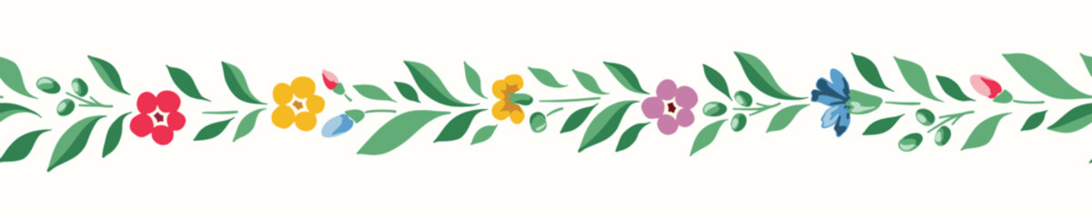 Bright Chintz Romantic Meadow Wildflowers Vector Horizontal Seamless Border. Cottagecore Garden Flowers and Foliage Wedding Invitation. Homestead Bouquet. Farmhouse Background