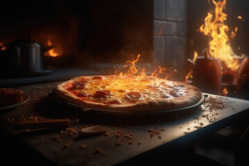 Thin crust pizza cooked in the oven, fire, meat and cheese, fast food. generative ai