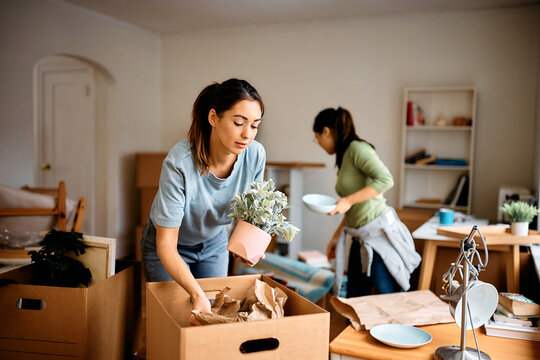 Young Woman And Her Friend Packing Their Belongings While Preparing To Move Out Of Apartment.