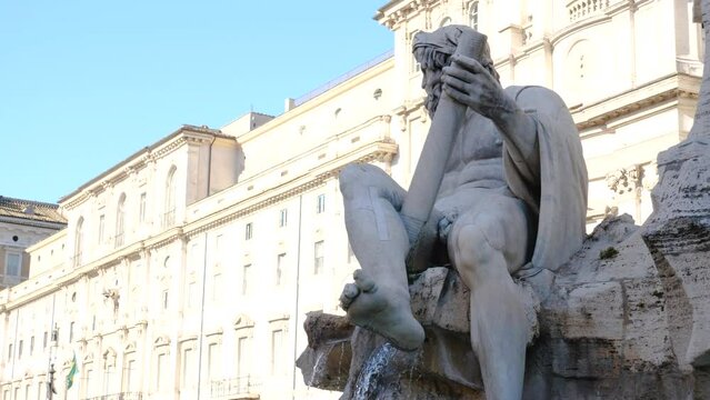 Scuplture detail of fountain of the Four Rivers in Piazza Navona. Rome Italy.