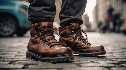 Male hiker walking through town, close-up of leather hiking boots
