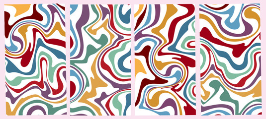 Psychedelic groovy pattern set with colorful swirls. Retro abstract background in 60s, 70s style with liquid wavy lines. Hippie psychedelic design with trippy retro waves. Vector illustration