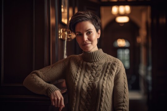 Portrait of a beautiful young brunette woman with short hair in a knitted sweater.