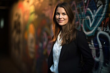 Naklejka premium Portrait of a young businesswoman in front of a graffiti wall