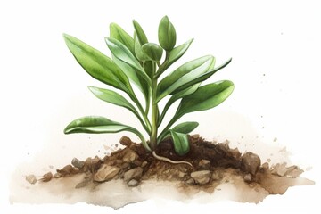 A young green plant growing from the ground. Botanical illustration of a young plant painted in watercolor on a white background. Generative AI