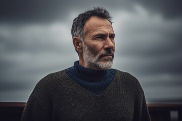 Portrait of an old man with grey hair and beard, wearing a blue sweater, standing on a wooden deck against a stormy sky.