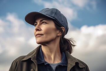 Studio portrait photography of a satisfied woman in her 40s wearing a cool cap or hat against a sky and clouds background. Generative AI