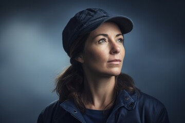 Portrait of a beautiful young woman in a cap on a dark background