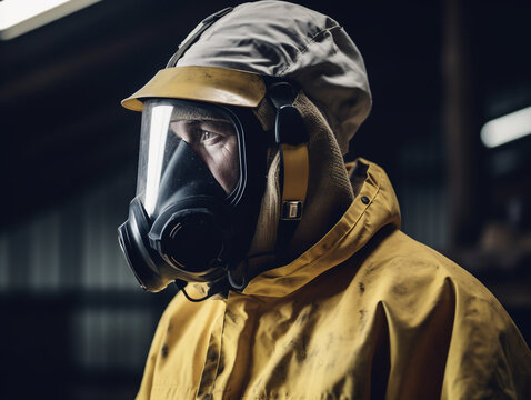 Man wearing a hazard suit and gas mask working with highly infectios diseases - Generative AI
