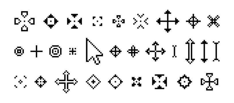 Pixel 8 bit cursor vector set. 8bit collection of pixelated cursors. isolated icons no background. png pixel art.	
