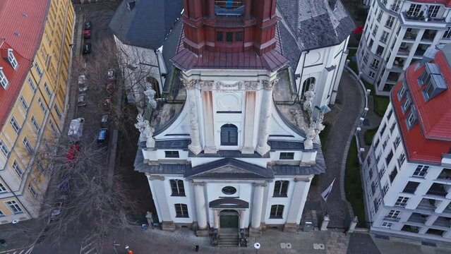 Drone shot of Parochialkirche ( parochial church ) in the Klosterviertel neighbourhood of the Mitte borough in Berlin , Germany