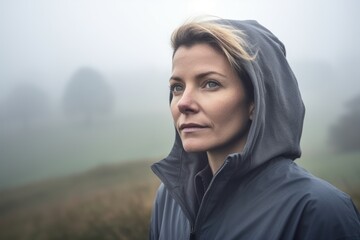 A portrait of a woman wearing a hooded sweatshirt in the countryside.