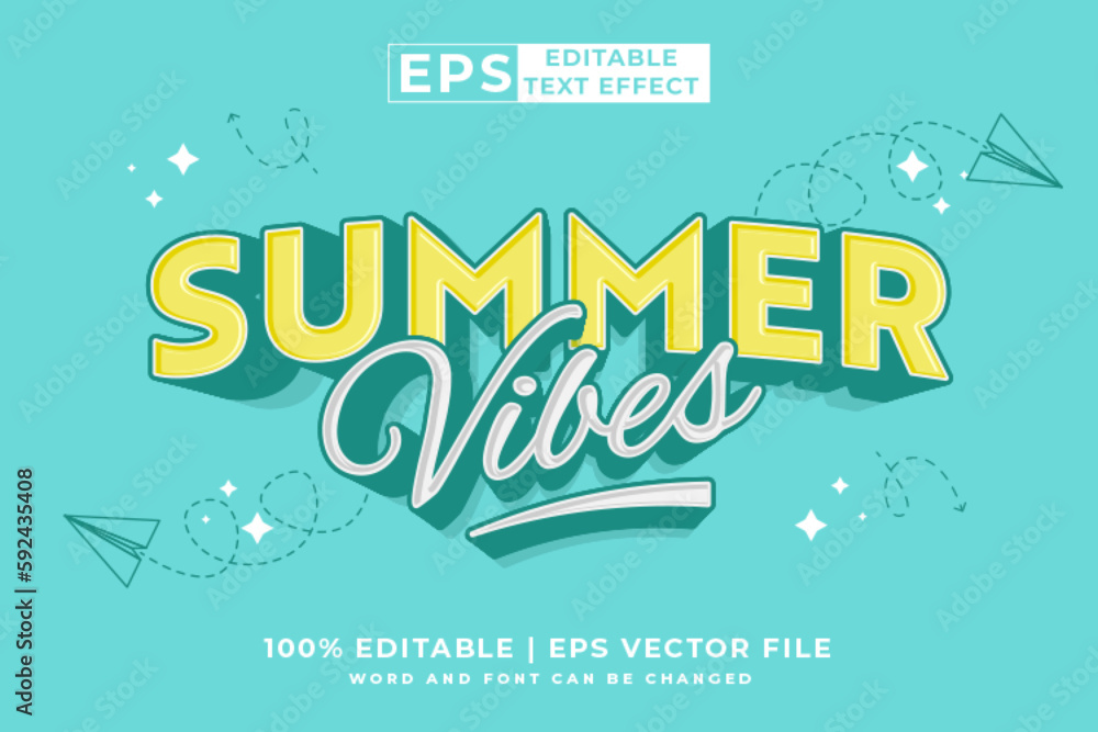 Poster editable text effect summer vibes 3d cartoon template style premium vector