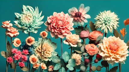 Various flowers from pastel colors against blue background