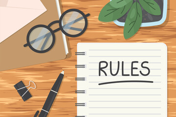 Fototapeta premium word rules written in notebook on wooden desk, flat lay office composition- vector illustration