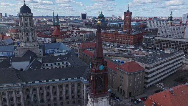 Drone shot of Parochialkirche ( parochial church ) in the Klosterviertel neighbourhood of the Mitte borough in Berlin , Germany