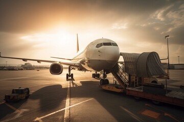 Fototapeta na wymiar loading cargo into the aircraft before departure with nice sky. Generative AI