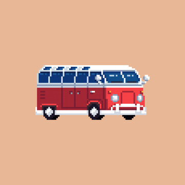 Pixel art retro red and white minivan asset. 8 bit transport bus icon on light background