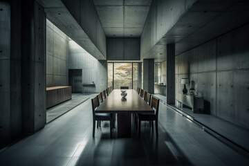 Minimalist Dinning room.All-grey color palette. Centered perspective. Interior Design