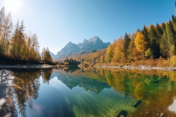 Mountain panorama of a beautiful alpine autumn view with reflections in a lake. Mountain landscape, lake and mountain range, large panorama. Generative AI