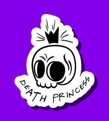 Skull sticker black and white. Head of skeleton with inscription death princess. Template, layout and mock up. Scary character for Halloween. Cartoon flat vector illustration
