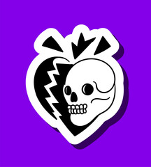 Skull sticker black and white. Skeleton head next to heart. Reaction for instant messengers and social networks. Traditional mexican festival. Cartoon flat vector illustration