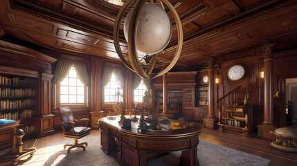 The astronomers office library with wooden book cases, expansive wood paneling and hanging globe.   - obrazy, fototapety, plakaty