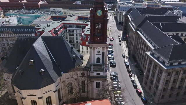 Drone shot of Parochialkirche ( parochial church ) in the Klosterviertel neighbourhood of the Mitte borough in Berlin , Germany