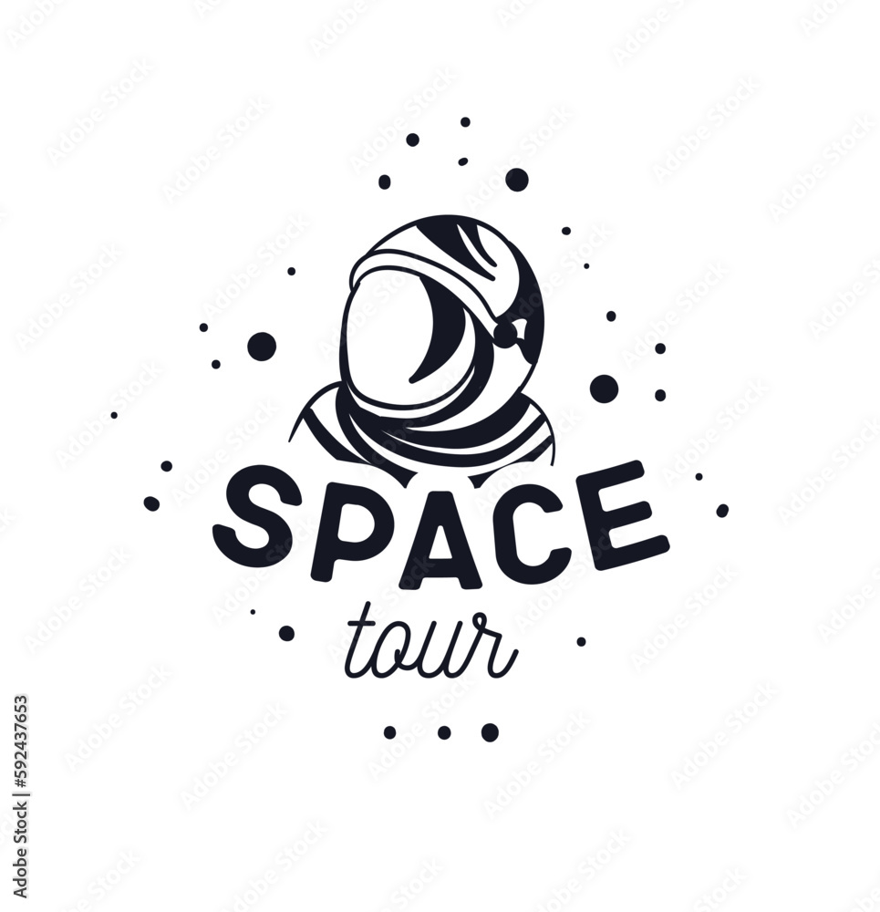 Poster space tour minimalistic. astronaut in helmet with text. exploration of galaxies and universes. scien