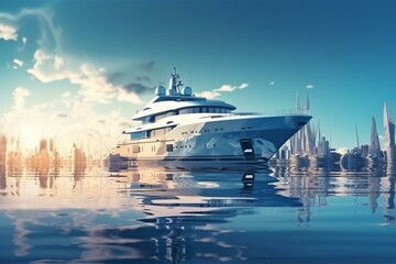 Luxury yacht floats in the sea port on a background of blue water. Generative AI