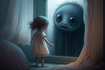 Little girl looking at monster through a window Generative AI