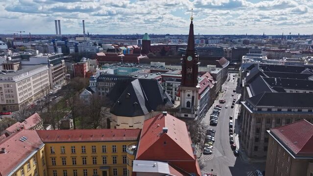 Drone shot of Parochialkirche ( parochial church ) in the Klosterviertel neighbourhood of the Mitte borough in Berlin , Germany
