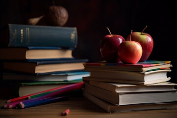 A stack of books with a pencil and an apple, Teacher's Day Generative AI