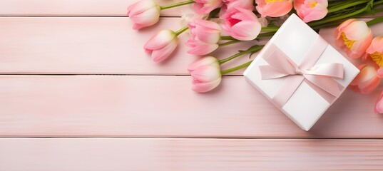 Mothers Day concept background with flowers, gift and blank space for text. Generative AI