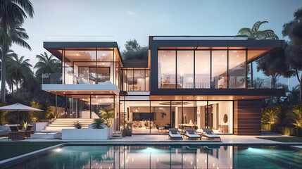 Obraz premium Minimalist home with expansive windows designed overlooking large swimming pool and landscape. 