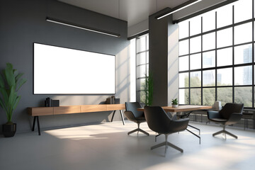 Realistic 3d side view of presentation screen in modern office environment, Modern interior with wide LED screen mockup, generative ai
