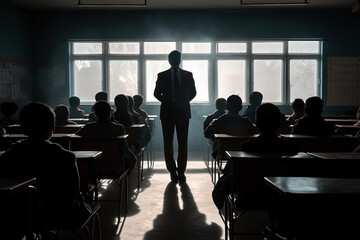 A silhouette of a teacher standing in front of a classroom, Teacher's Day Generative AI - obrazy, fototapety, plakaty