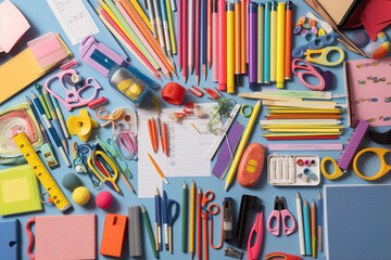 A collage of various school supplies like pencils, books, and rulers, Teacher's Day Generative AI