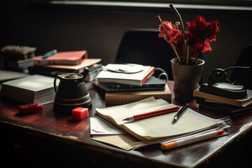 A teacher's desk with a stack of papers and a red pen, Teacher's Day Generative AI