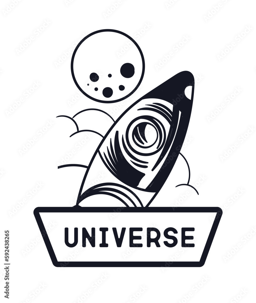 Poster universe minimalistic poster. rocket and spaceship in space next to the planet. colonization and spa