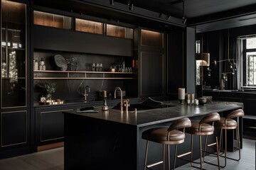 Black and bronze kitchen with a bar. Generative AI