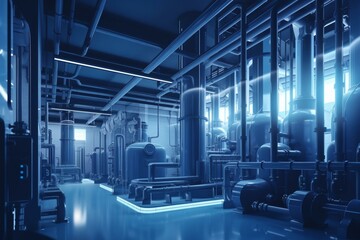 Plakat Large Industrial Blue Boiler Room and Water Treatment Facility, Generative AI