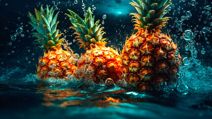 Colorful Pineapples are being splashed in water