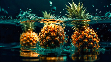 Colorful Pineapples are being splashed in water