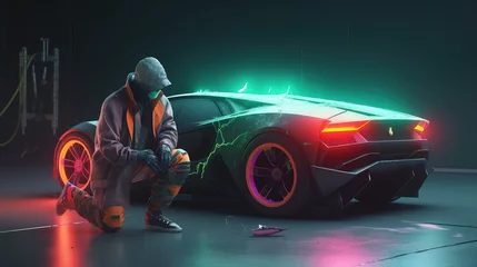 Vlies Fototapete Cartoon-Autos man next to a futuristic car