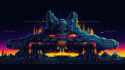Space ship, Retro computer games level. Pixel art video game scene 8 bit. Generative AI