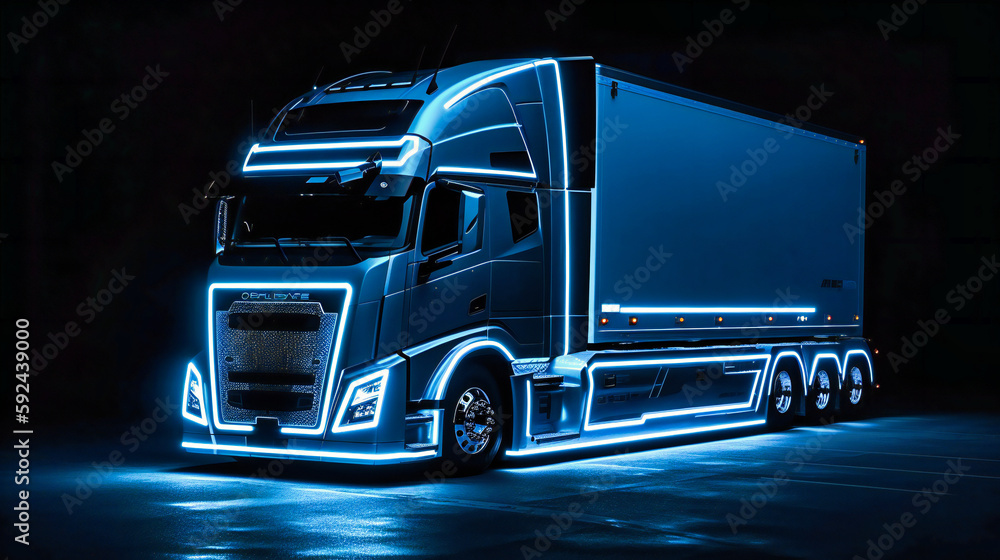 Poster the high speed and luxurious white semi truck with blue lights