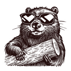 cool beaver wearing glasses and holding a log illustration  - obrazy, fototapety, plakaty