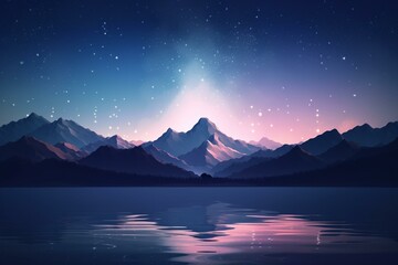 Naklejka na ściany i meble a mountain range with a lake in the foreground and a star filled sky in the background with stars in the sky and a star filled mountain range in the background. generative ai