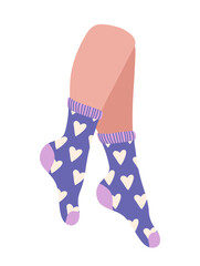 Feet in violet socks. Fashion, trend and style. Sticker for social networks and messengers. Warm and cotton clothing. Footwear and clothes. Cartoon flat vector illustration